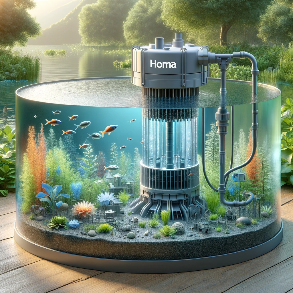 3D rendering of a Homa submersible pump in a clear water body surrounded by aquatic life and greenery, illustrating sustainable water solutions.